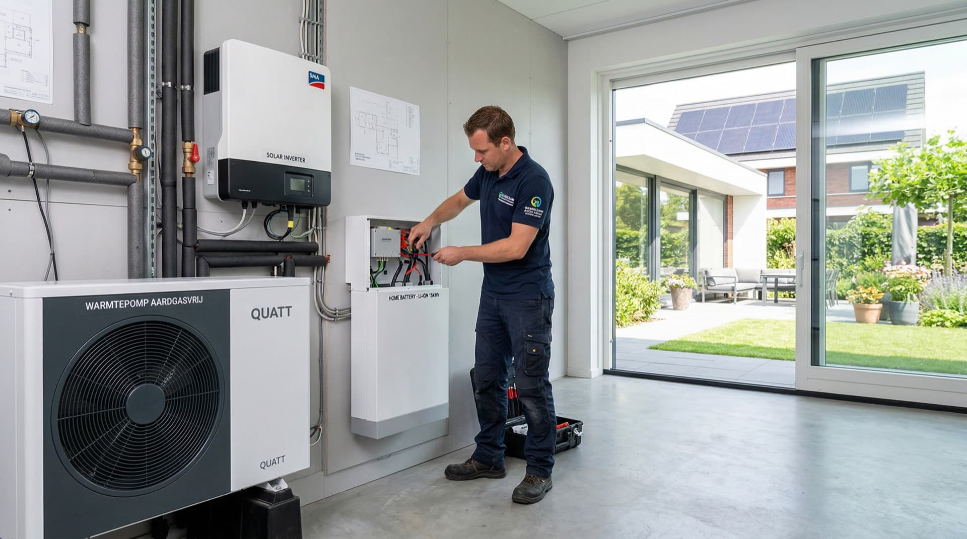 Installateurs aan het werk op een dak met zonnepanelen