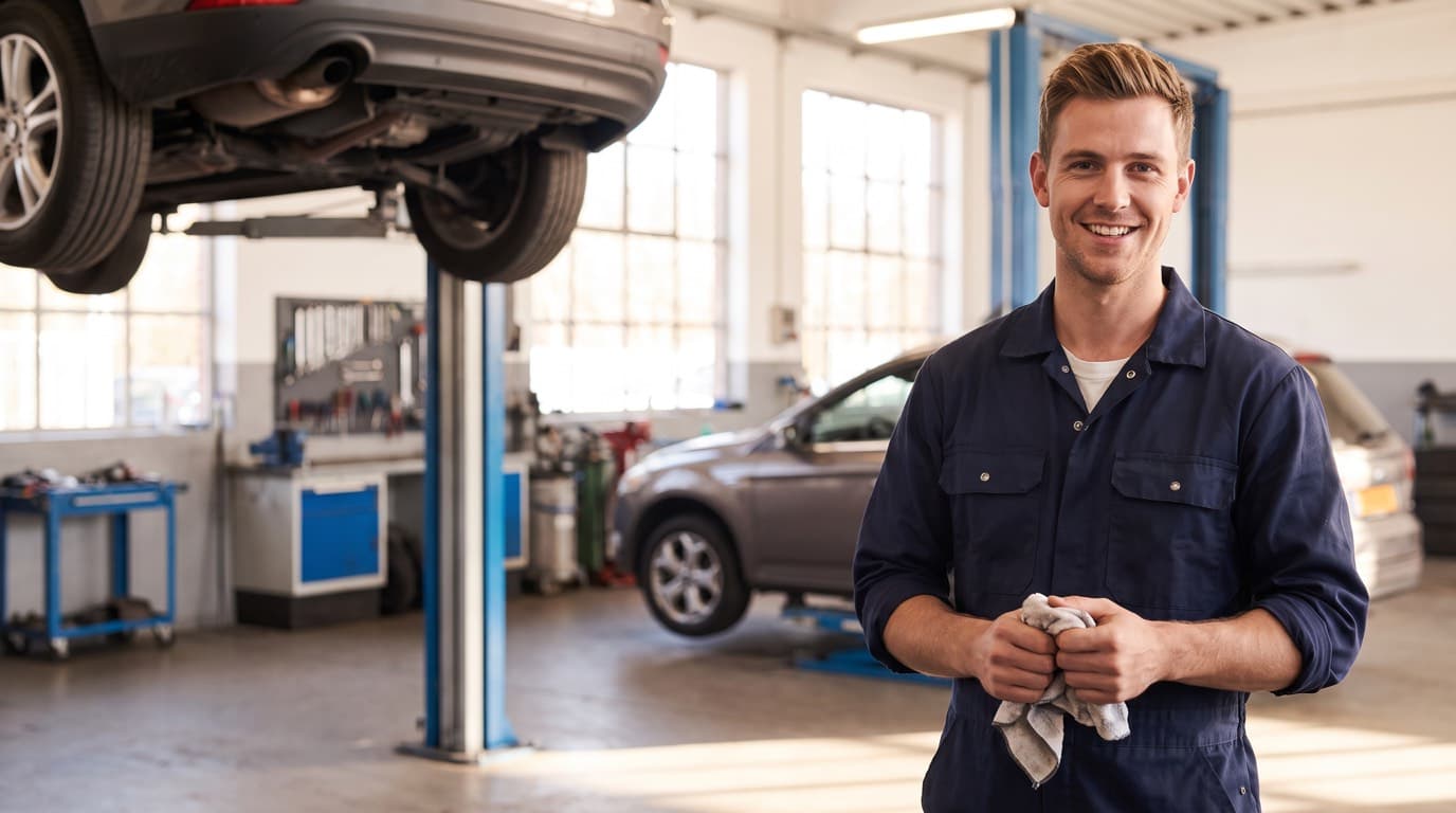 Garagehouder in werkoverall in zijn moderne werkplaats