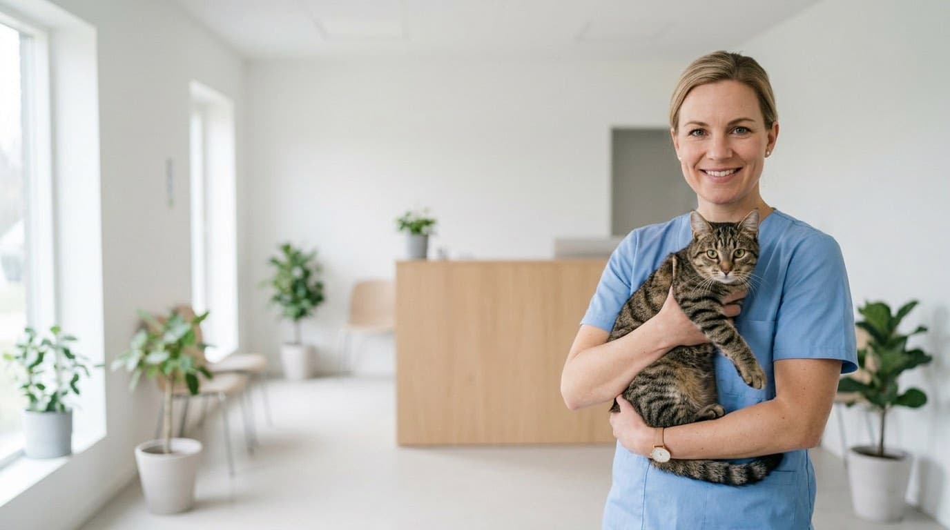 Dierenarts met een kat op de arm in een lichte wachtruimte
