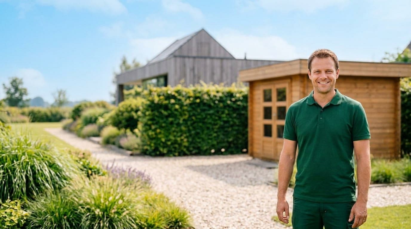 Hovenier in een door hem aangelegde tuin met tuinhuis