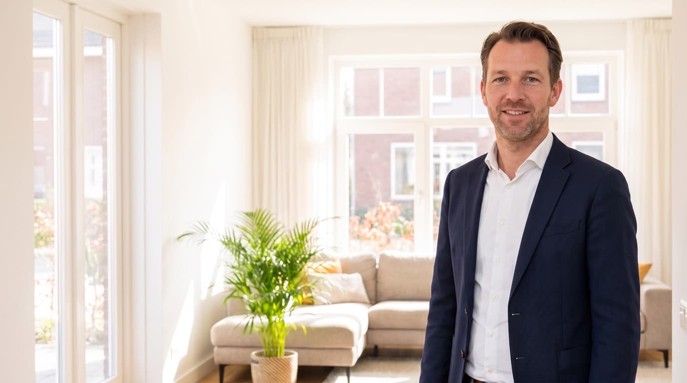 Makelaar in blazer in een lichte Nederlandse woonkamer