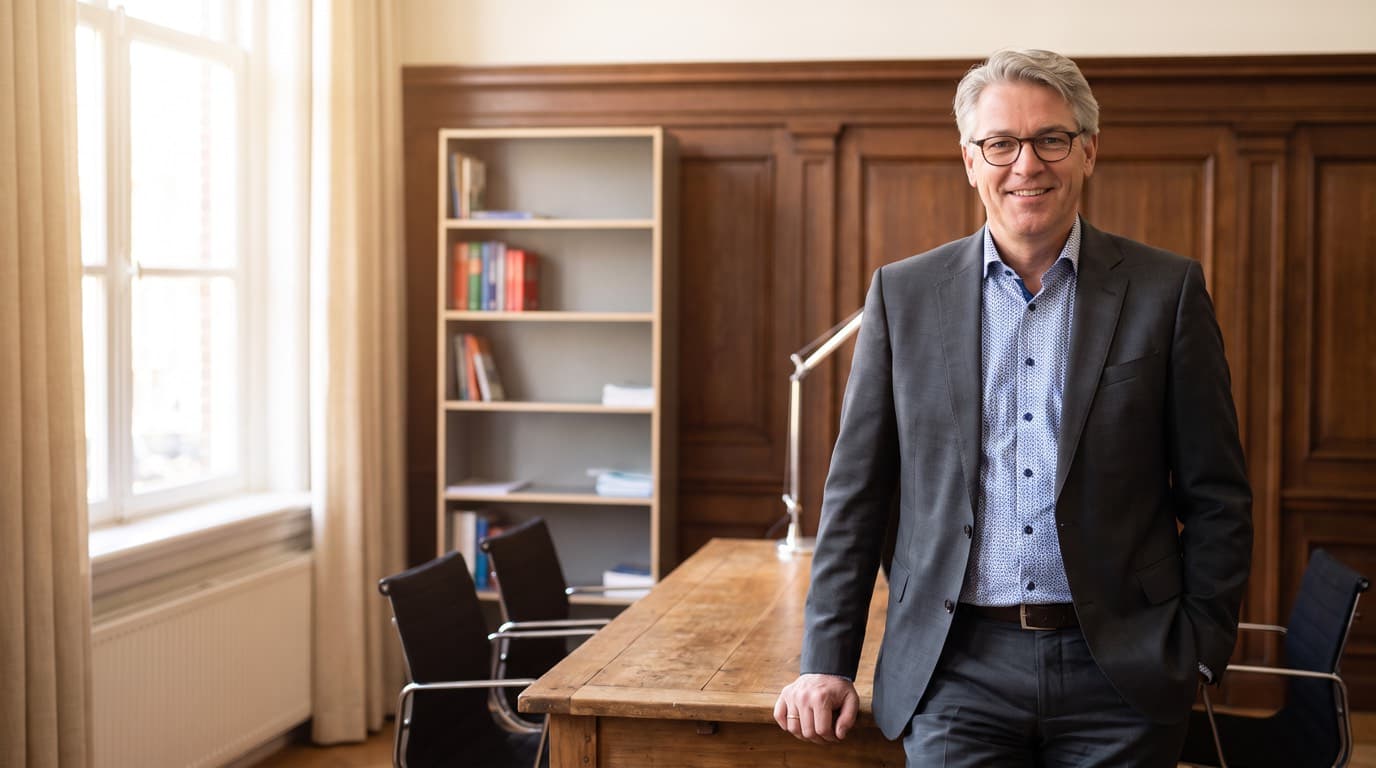 Notaris in zijn kantoor met klassieke lambrisering