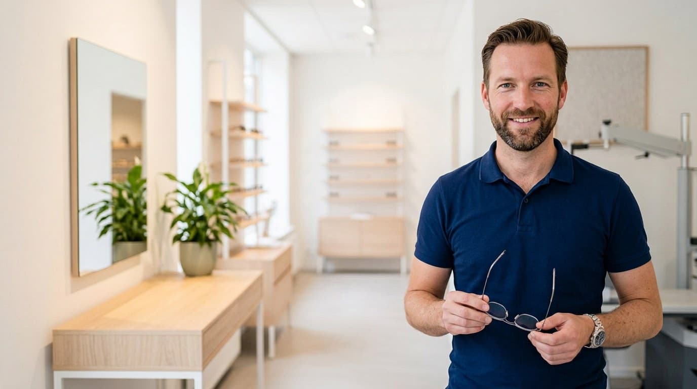 Opticien met een bril in de hand in een lichte moderne optiekzaak