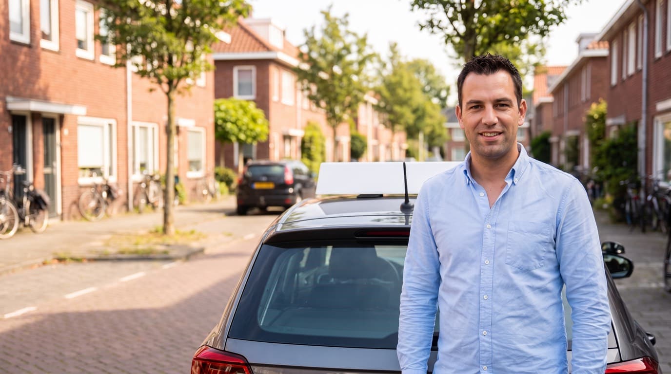 Rij-instructeur naast zijn lesauto in een woonstraat