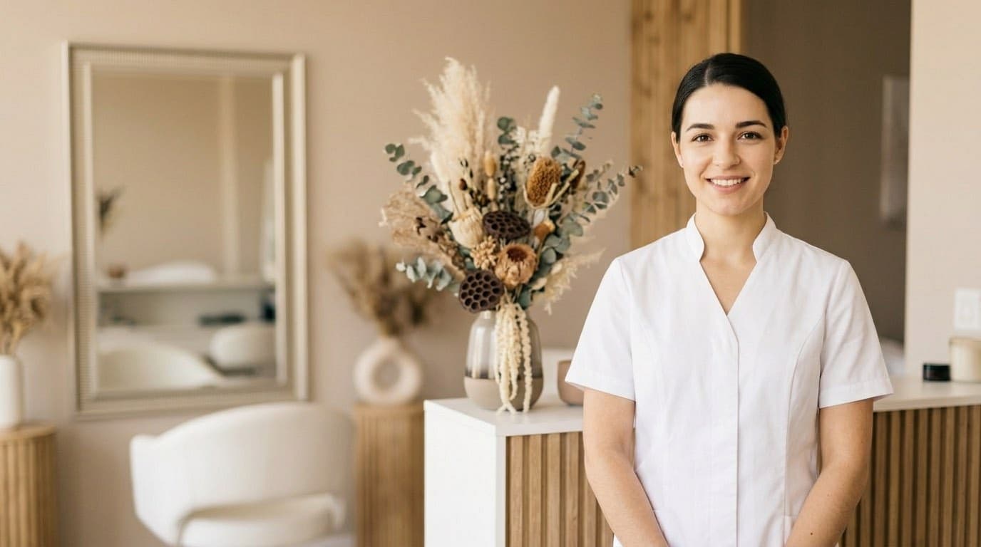 Schoonheidsspecialiste in een lichte serene salon met droogbloemen