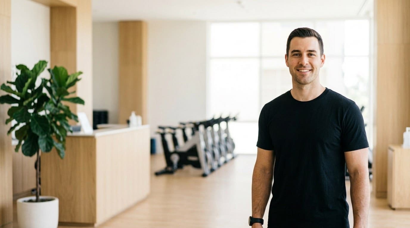 Sportschooleigenaar in een lichte moderne sportschool met spinningfietsen