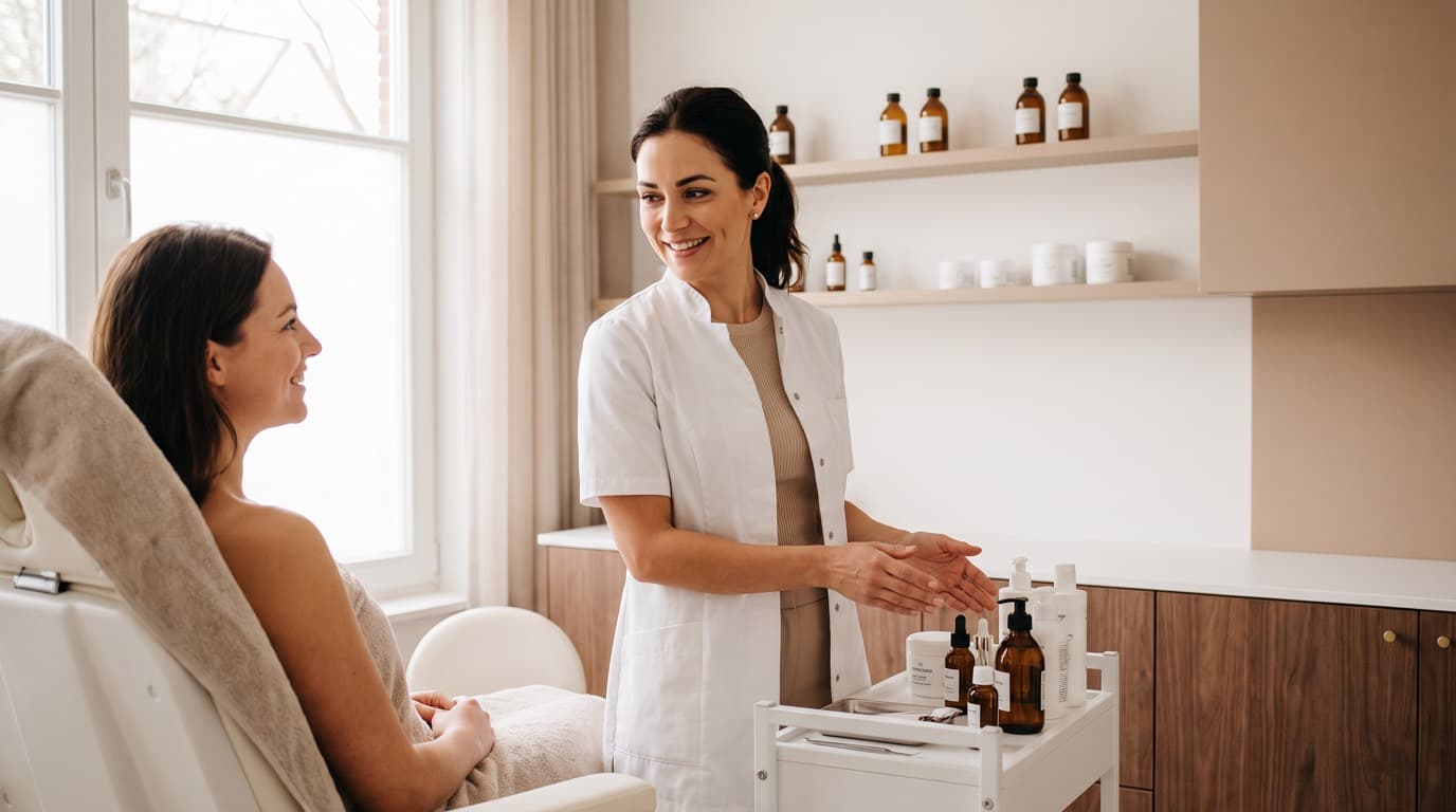 Arts in een cosmetische kliniek die tijdens een intakegesprek de behandeling doorneemt met een patiënt