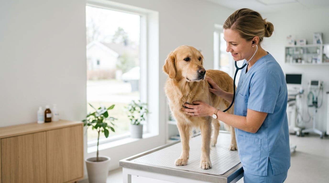 Dierenarts onderzoekt een hond terwijl de eigenaar toekijkt in een moderne behandelkamer