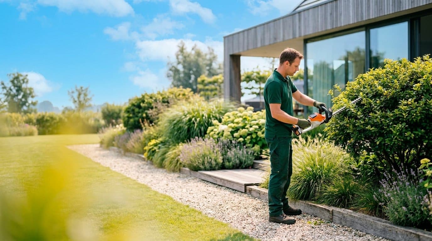 Hovenier legt strakke tuin aan met bestrating en borders