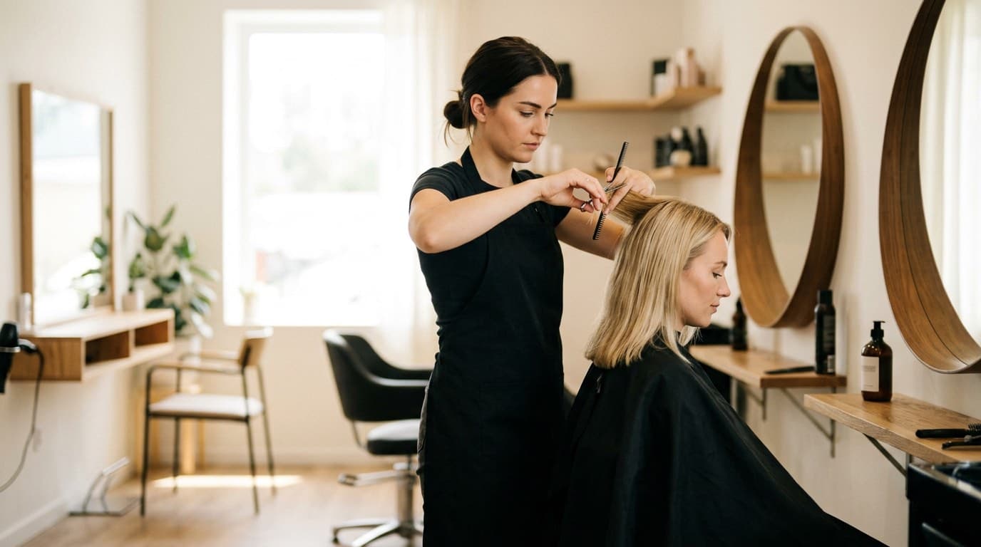 Kapper die het haar van een klant stylt in een moderne kapsalon