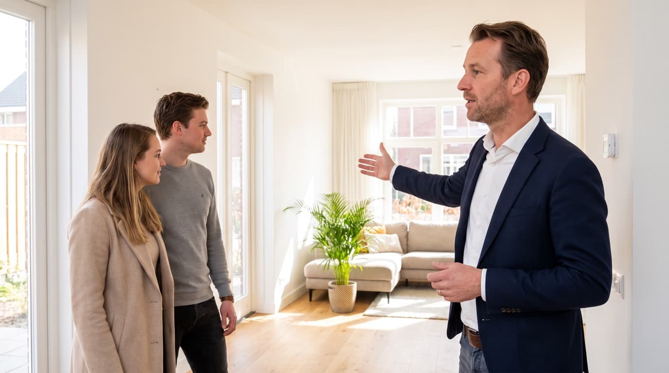 Makelaar leidt een jong stel rond tijdens een bezichtiging in een Nederlandse woonkamer