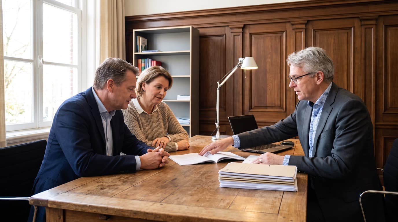 Notaris bespreekt een conceptakte met twee cliënten aan de vergadertafel van een notariskantoor