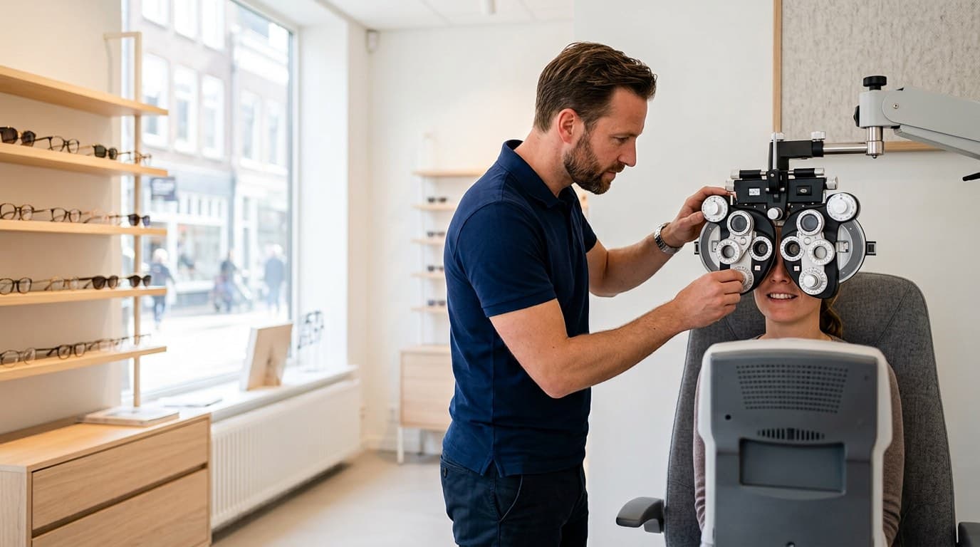 Opticien voert een oogmeting uit bij een klant achter de refractie-unit in de winkel