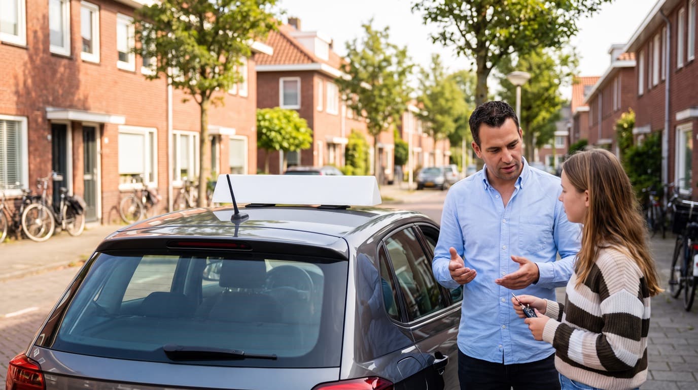 Rij-instructeur geeft uitleg aan een leerling achter het stuur van een lesauto