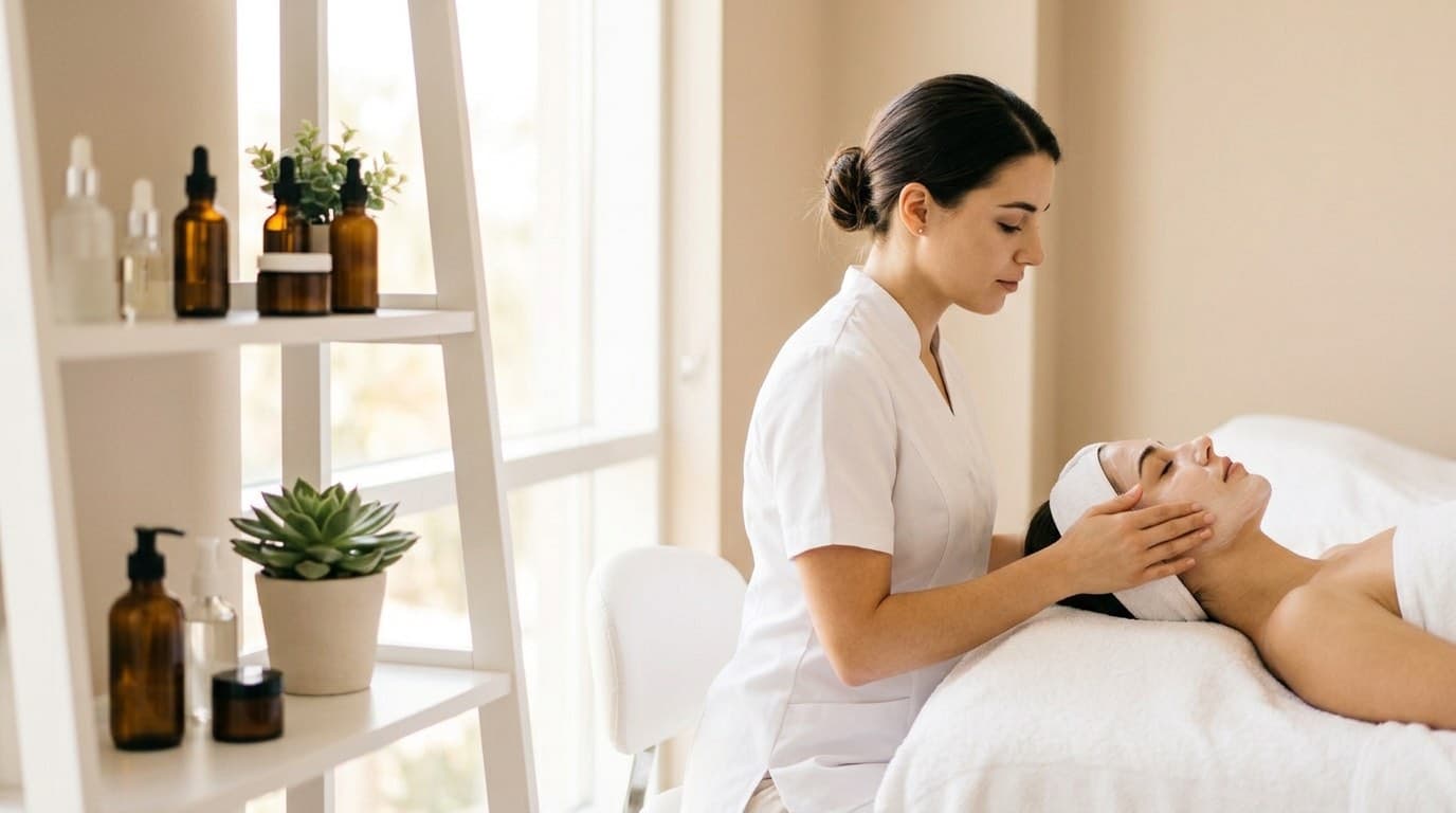 Schoonheidsspecialiste geeft een gezichtsbehandeling aan een klant in een schoonheidssalon