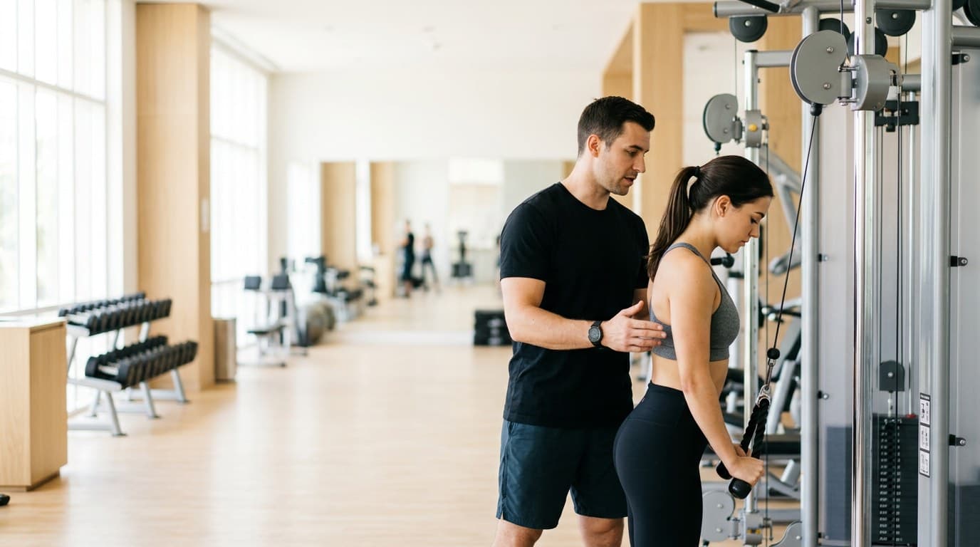 Sporters trainen met halters en op loopbanden in de fitnessruimte van een sportschool