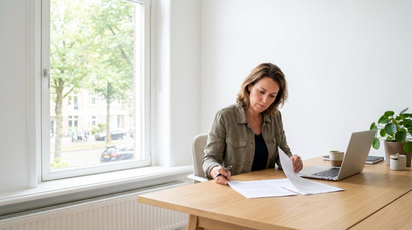 Ondernemer leest aan haar bureau een geprint document van twee pagina’s door, pen in de hand