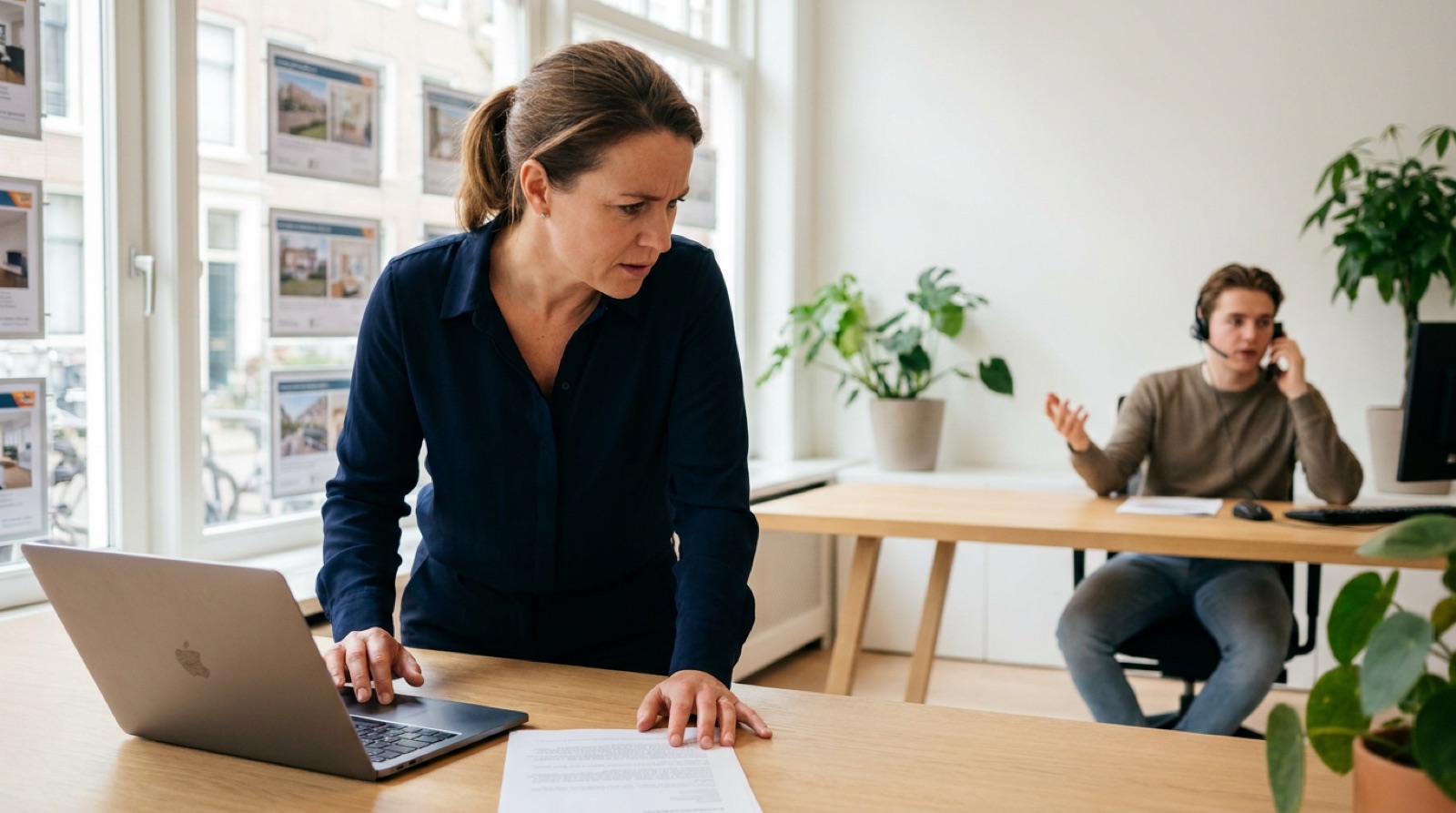 Eigenaar van een makelaarskantoor staat over haar laptop gebogen met een geprint overzicht naast zich, terwijl een collega op de achtergrond de telefoon aanneemt
