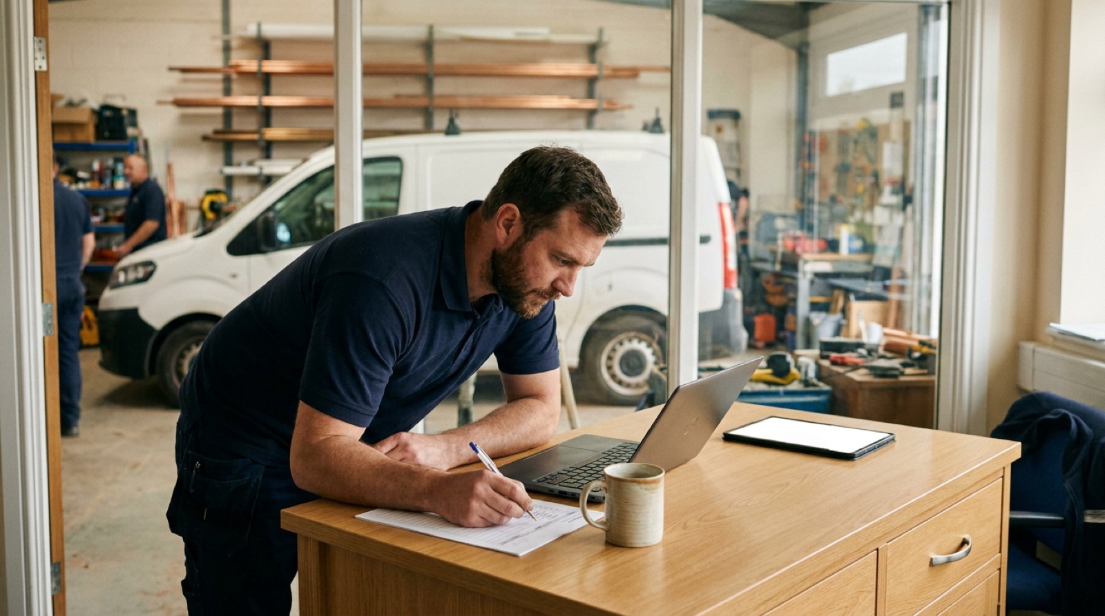 Eigenaar van een installatiebedrijf loopt aan zijn bureau een geprinte lijst met klantvragen na, met de werkplaats en een bedrijfsbus achter het glas