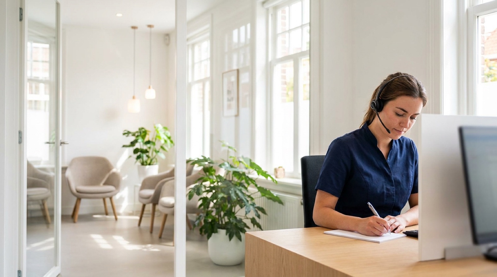 Praktijkassistente met headset noteert een klantvraag aan de balie