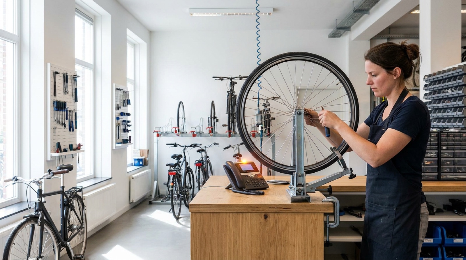 Fietsenmaker werkt door aan een wiel terwijl de telefoon op de toonbank overgaat