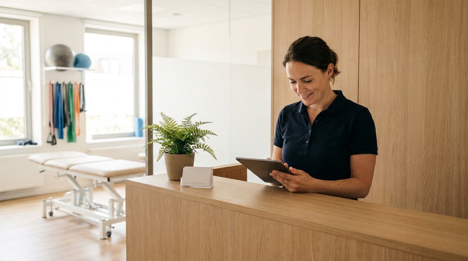 Eigenaar van een fysiotherapiepraktijk leest achter de balie een vraag op de praktijktablet, met de behandelkamer op de achtergrond